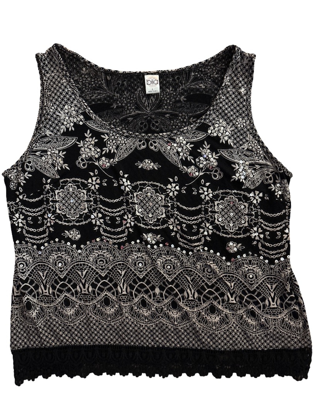 Bila Black & White Ornate Lace-Trim Tank Top